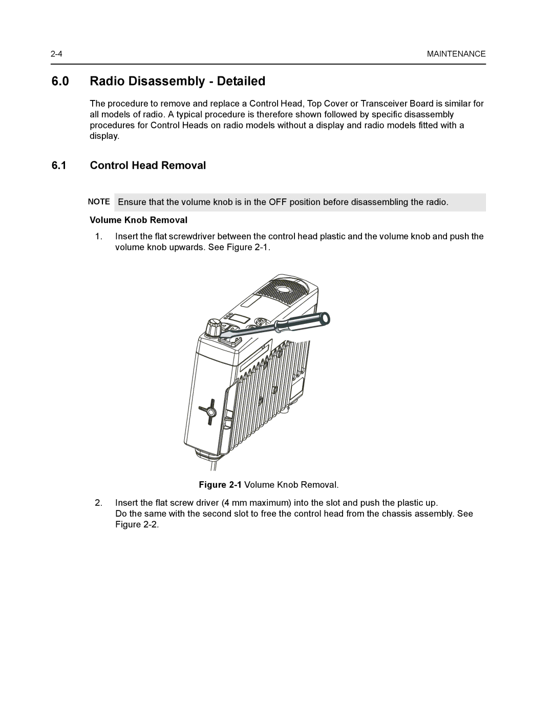 Nikon CM200 service manual Radio Disassembly Detailed, Control Head Removal, Volume Knob Removal 