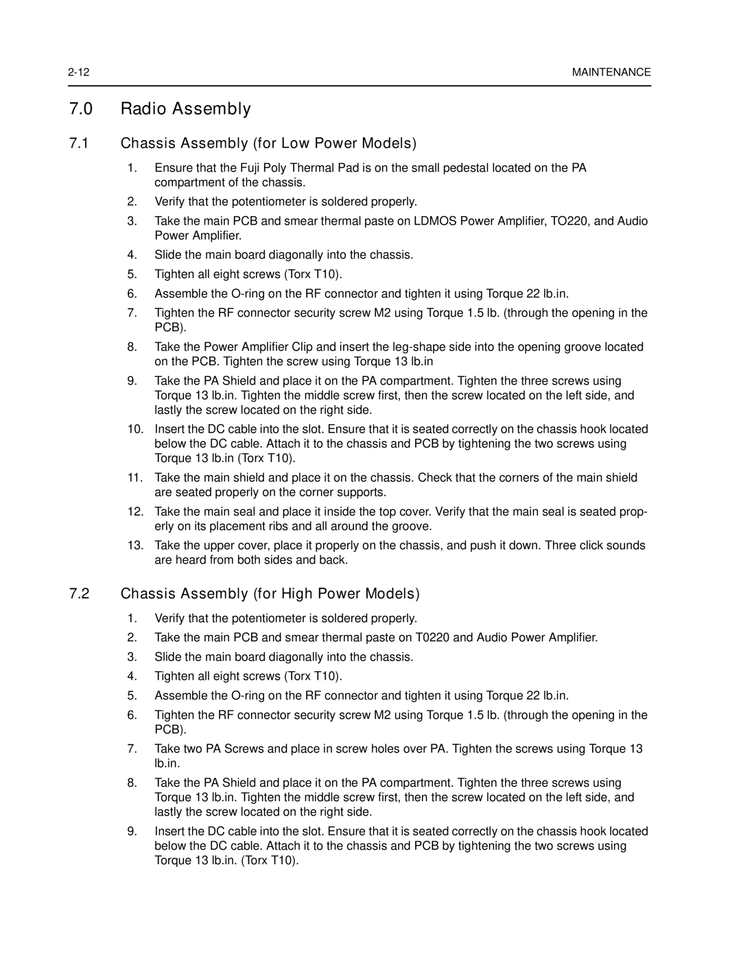 Nikon CM200 service manual Radio Assembly, Chassis Assembly for Low Power Models, Chassis Assembly for High Power Models 