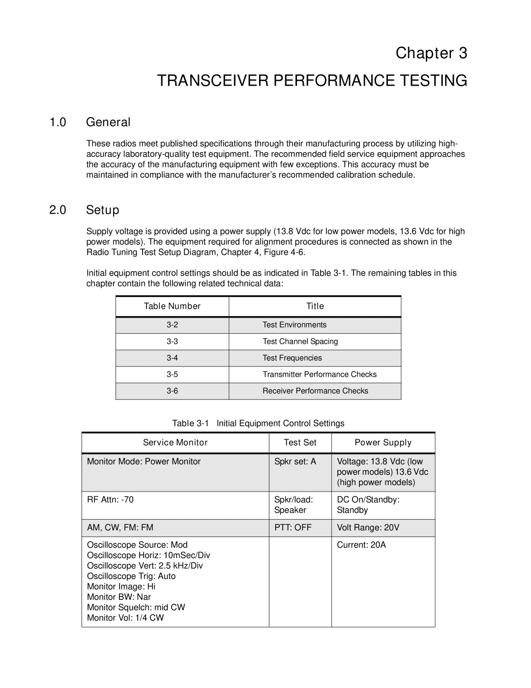 Nikon CM200 service manual General, Setup, Table Number Title, Service Monitor Test Set Power Supply, Am, Cw, Fm Fm Ptt Off 