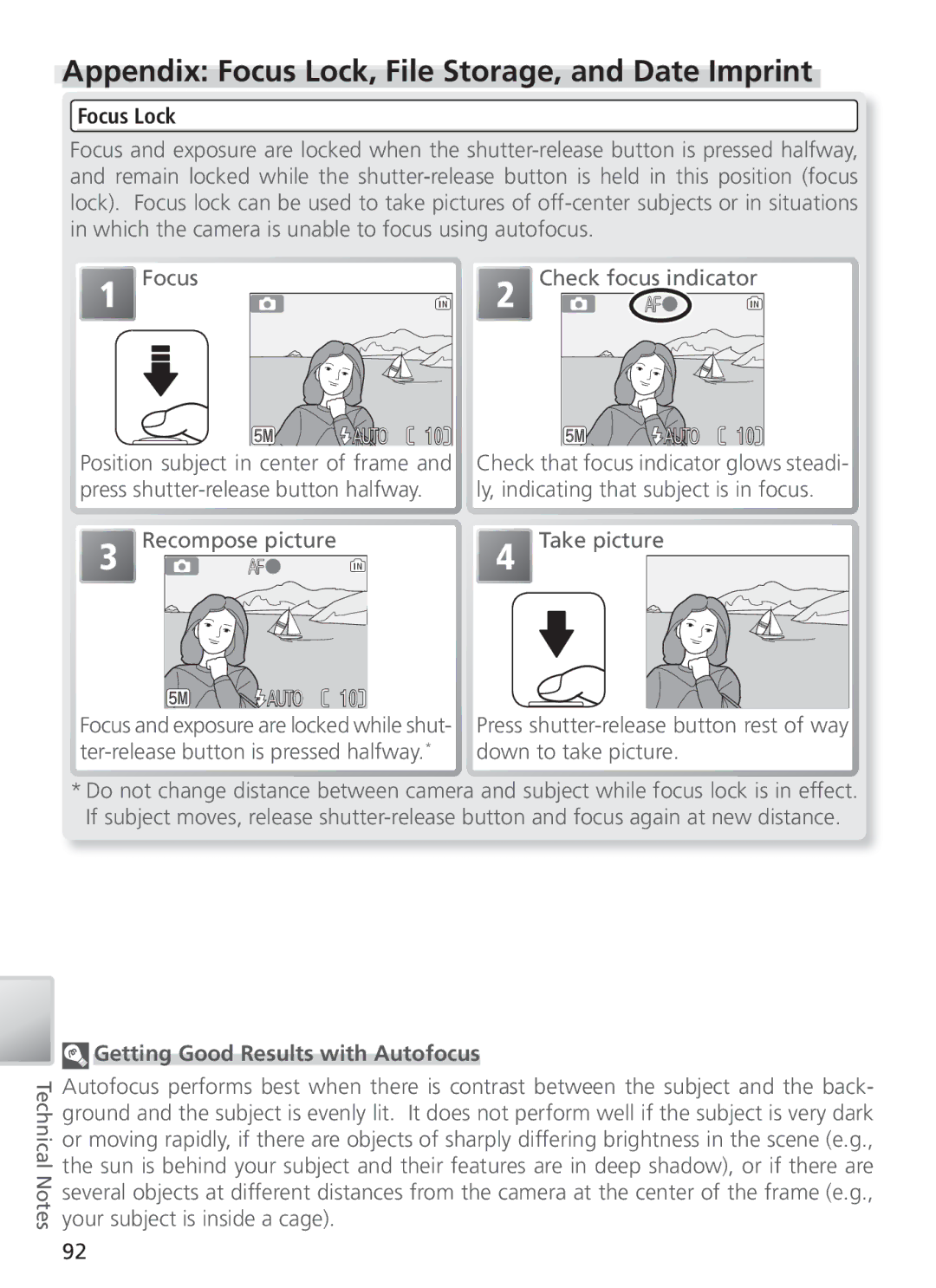 Nikon COOL PIX S1 manual Appendix Focus Lock, File Storage, and Date Imprint, Getting Good Results with Autofocus 