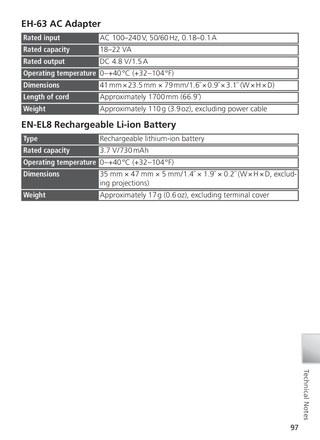 Nikon COOL PIX S1 manual EH-63 AC Adapter, EN-EL8 Rechargeable Li-ion Battery 