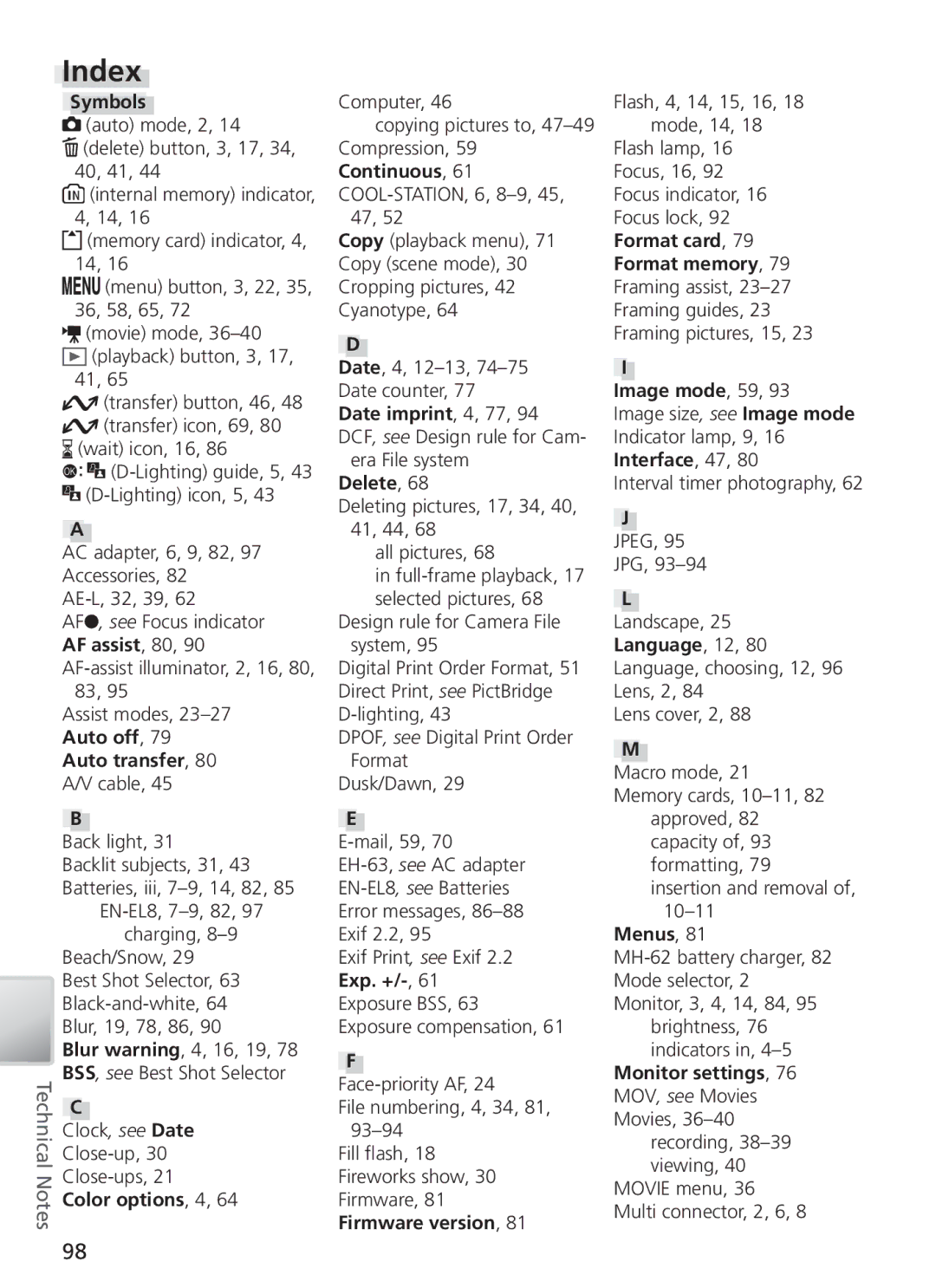 Nikon COOL PIX S1 manual Index, Symbols 