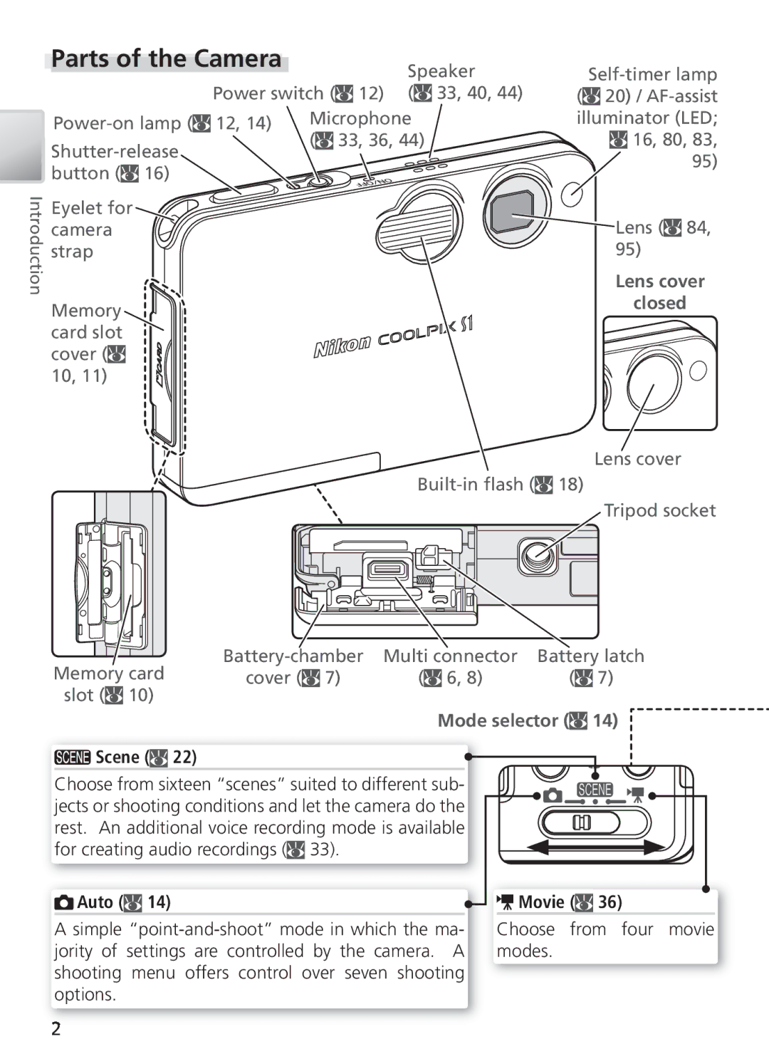 Nikon COOL PIX S1 manual Parts of the Camera, Lens cover Closed, Mode selector, Scene 