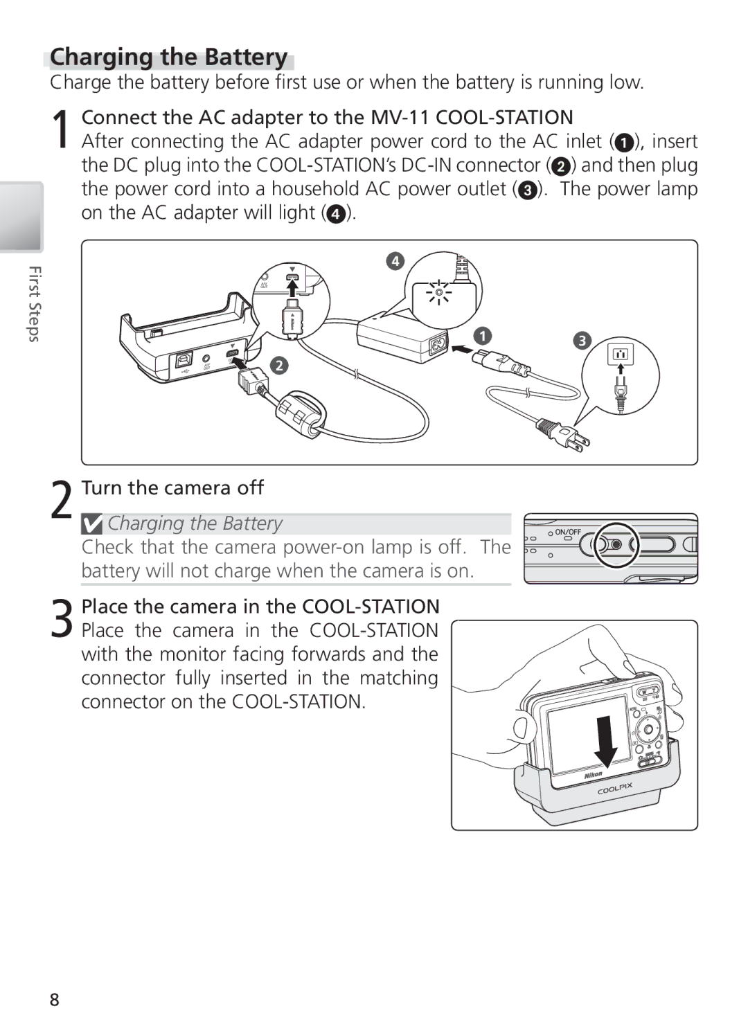 Nikon COOL PIX S1 manual Charging the Battery 