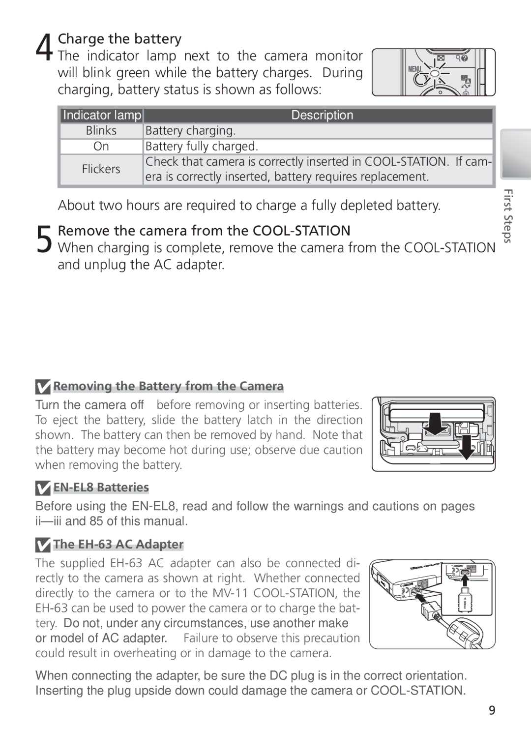 Nikon COOL PIX S1 manual Description, Removing the Battery from the Camera, EN-EL8 Batteries, EH-63 AC Adapter 