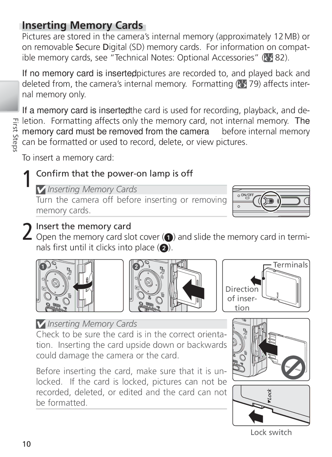 Nikon COOL PIX S1 manual Inserting Memory Cards 