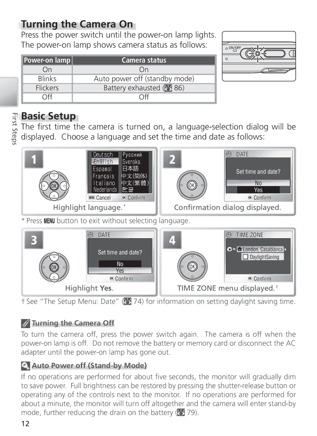 Nikon COOL PIX S1 manual Turning the Camera On, Basic Setup, Battery exhausted, Turning the Camera Off 