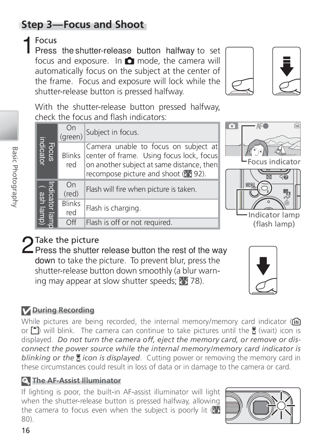 Nikon COOL PIX S1 manual Focus and Shoot, Take the picture, During Recording, AF-Assist Illuminator 