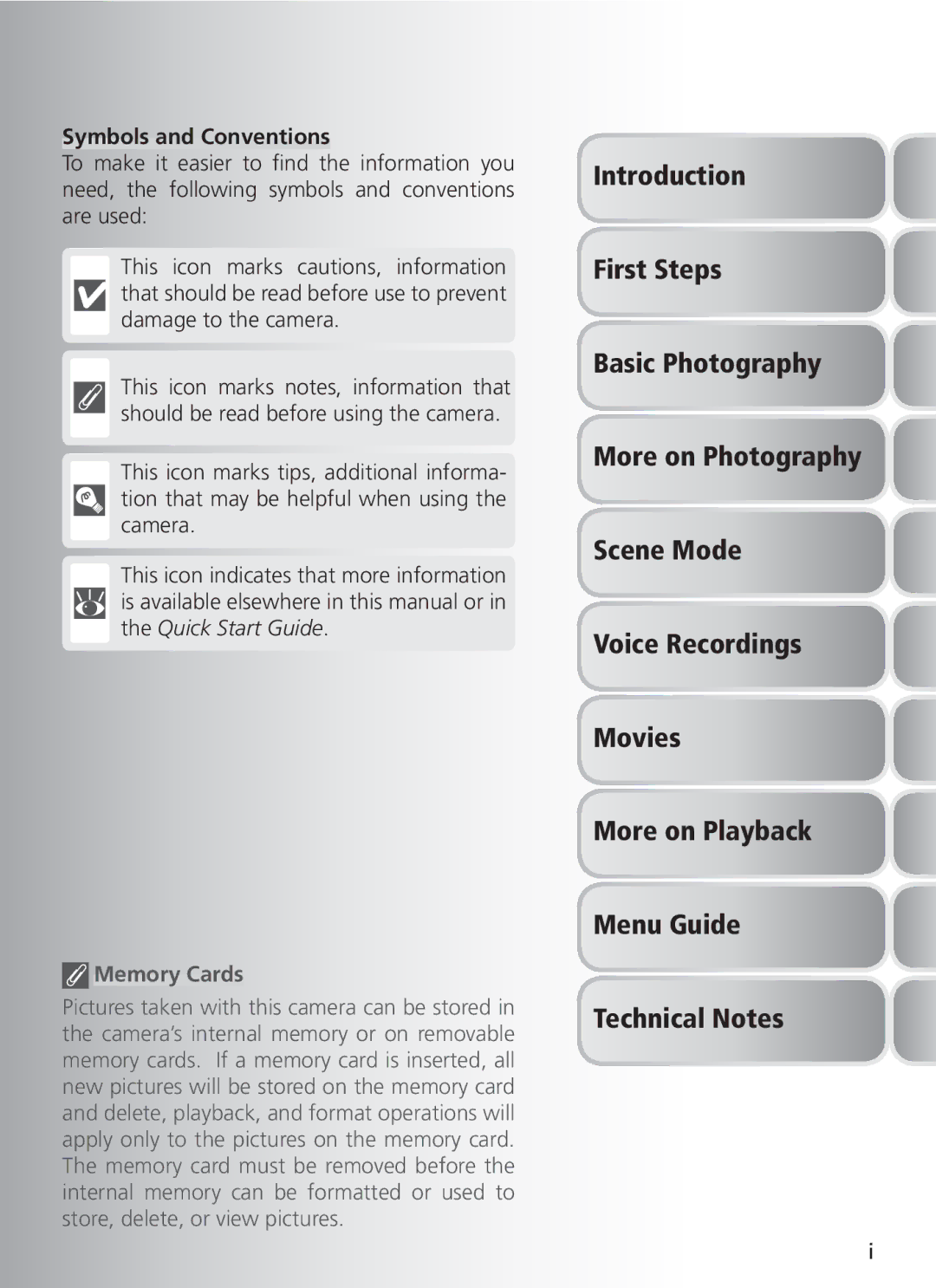 Nikon COOL PIX S1 manual Symbols and Conventions, Memory Cards 