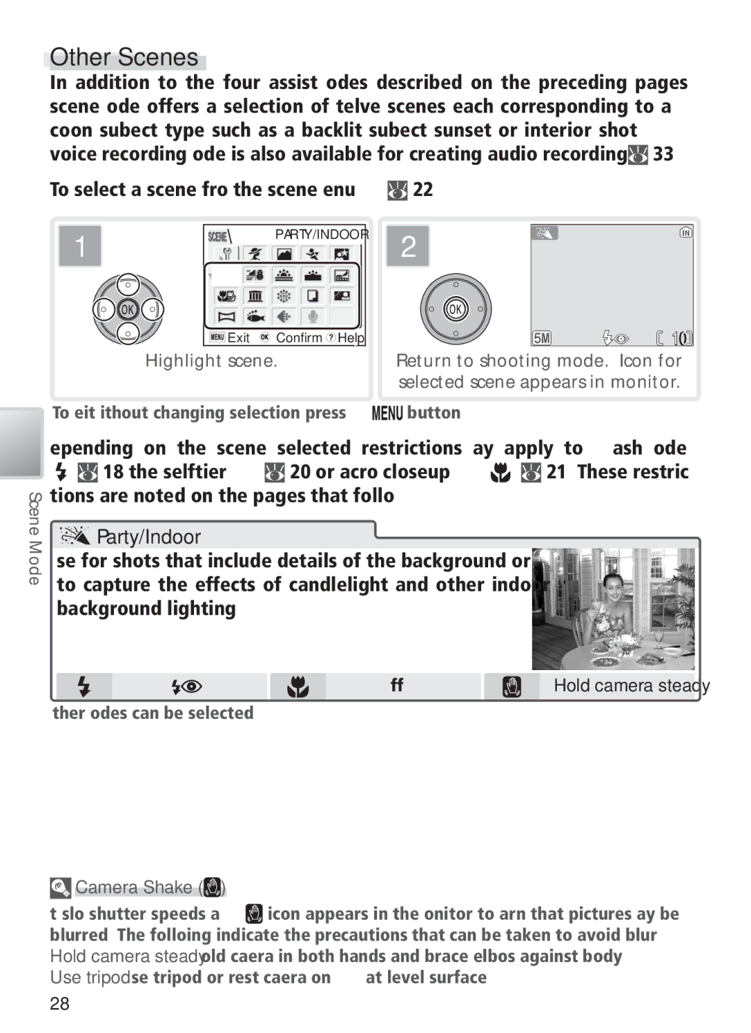 Nikon COOL PIX S1 manual Other Scenes, To select a scene from the scene menu, 20, or macro close-up, Camera Shake 