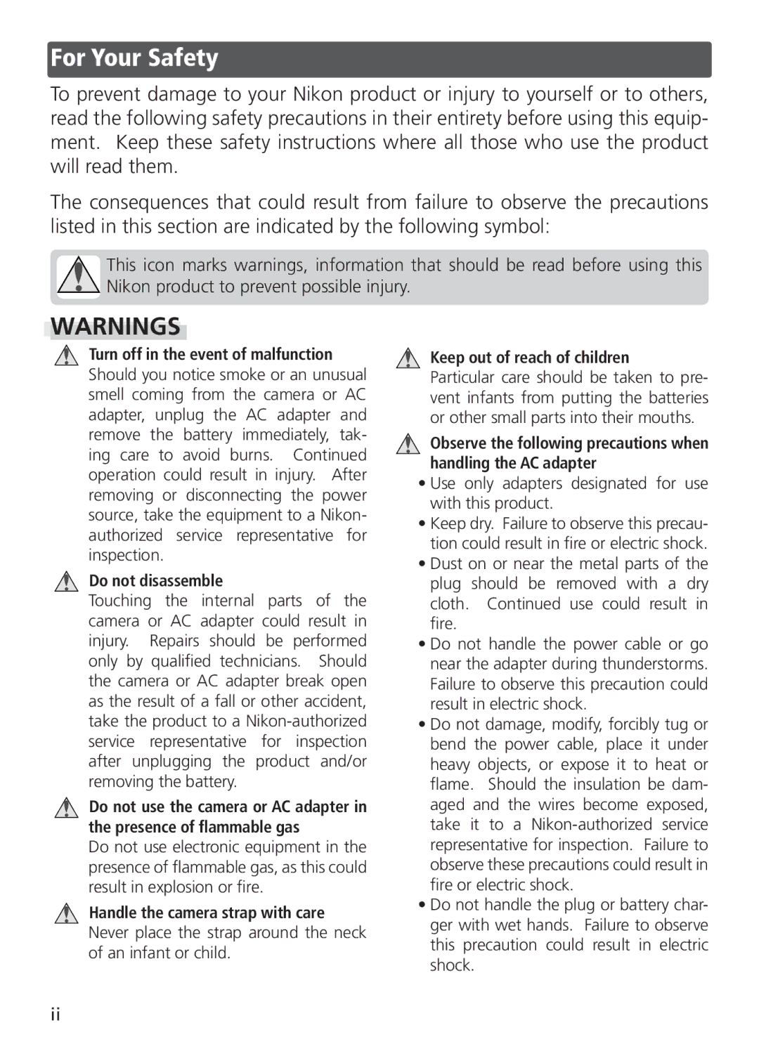 Nikon COOL PIX S1 manual For Your Safety, Do not disassemble 