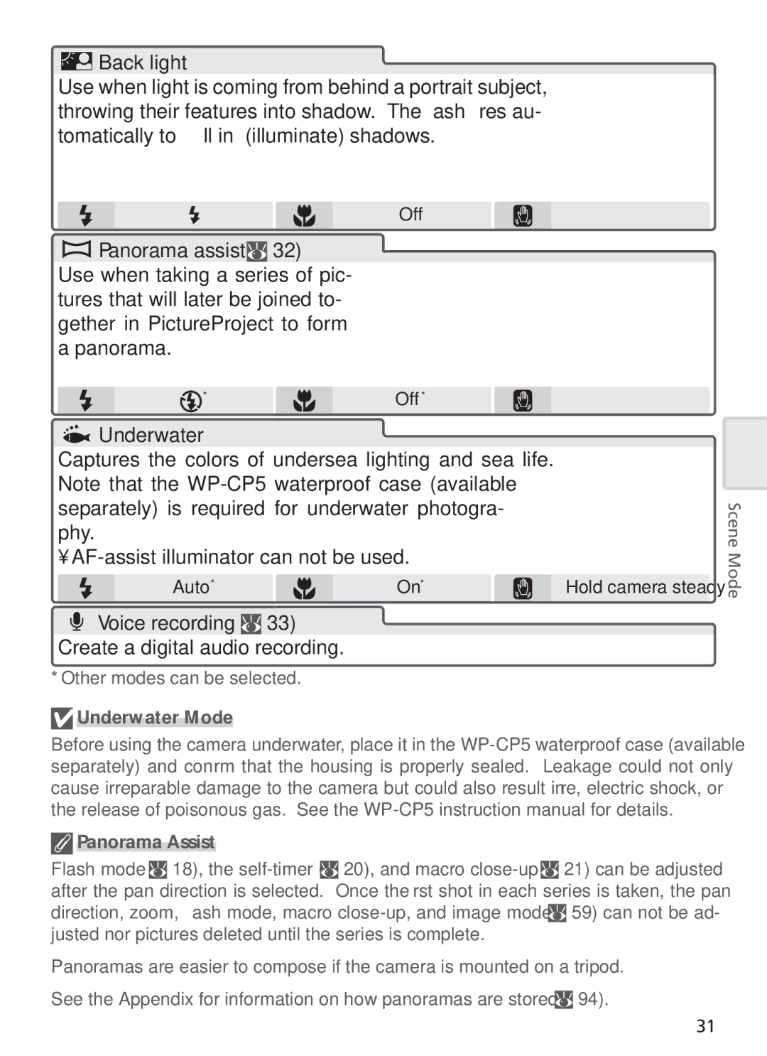 Nikon COOL PIX S1 manual Create a digital audio recording, Underwater Mode Panorama Assist 
