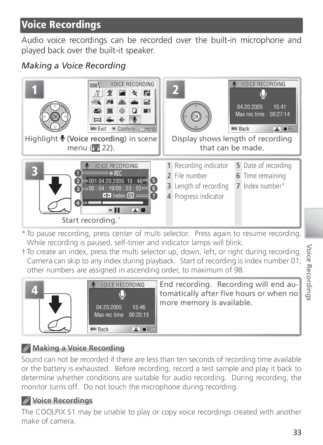 Nikon COOL PIX S1 manual Voice Recordings, Making a Voice Recording 