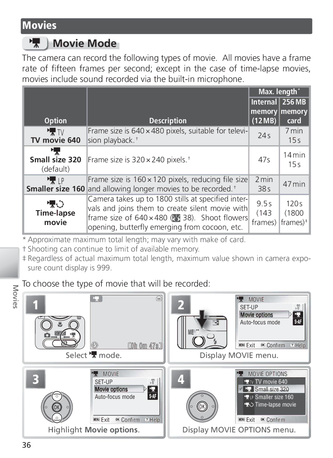 Nikon COOL PIX S1 manual Movies, Movie Mode, To choose the type of movie that will be recorded, Max. length 