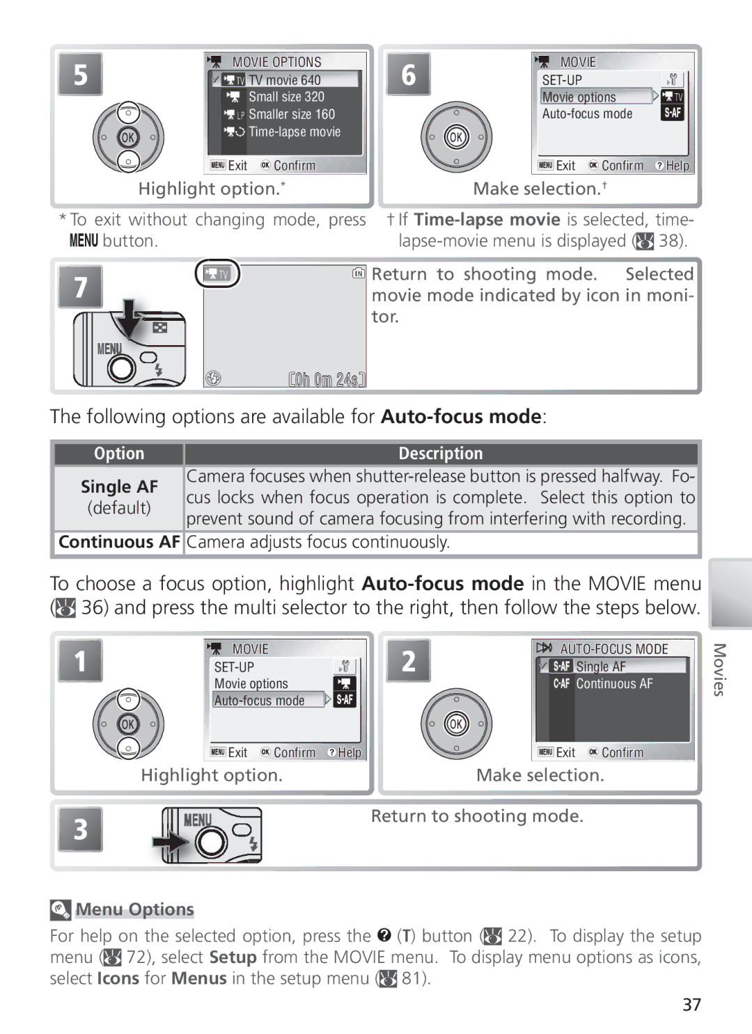 Nikon COOL PIX S1 manual Following options are available for Auto-focus mode, Single AF, Default, Menu Options 