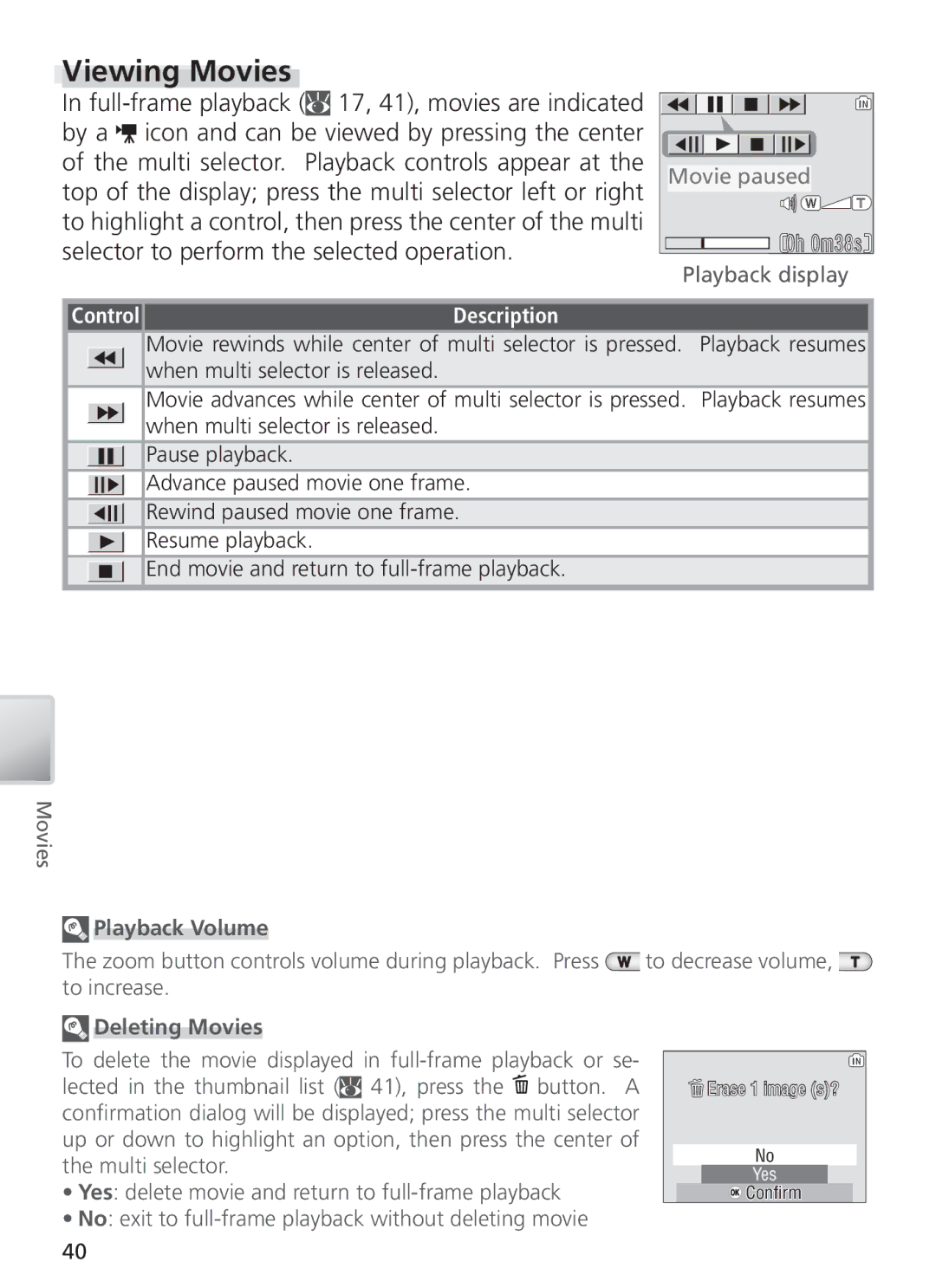 Nikon COOL PIX S1 manual Viewing Movies, 17, 41, movies are indicated By a, Multi selector. Playback controls appear at 