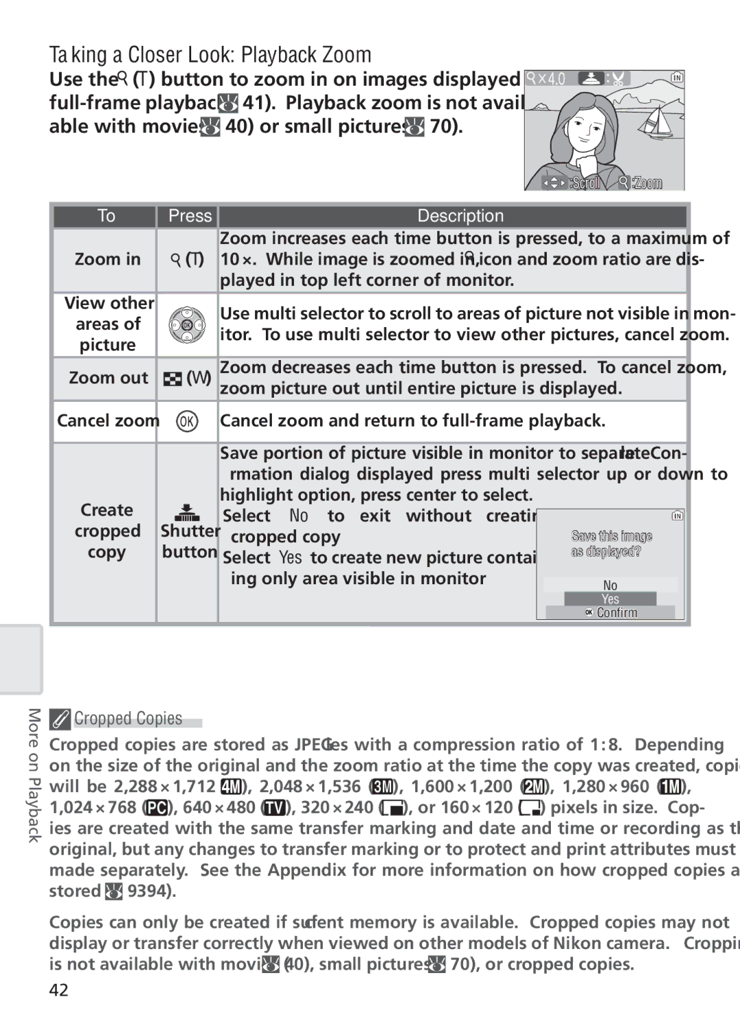 Nikon COOL PIX S1 manual Taking a Closer Look Playback Zoom, Cropped Copies 