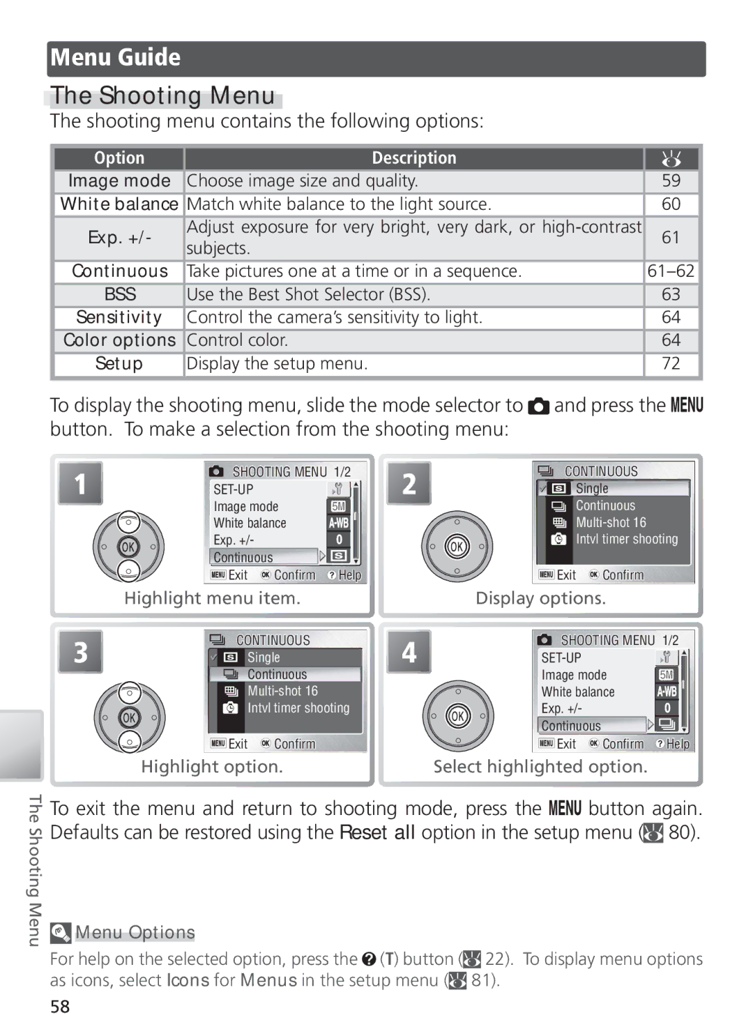 Nikon COOL PIX S1 manual Menu Guide, Shooting Menu, Shooting menu contains the following options, Exp. + 