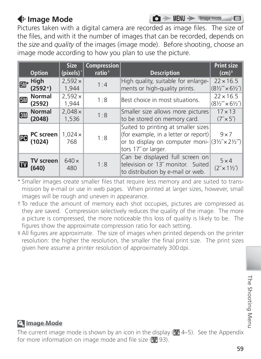 Nikon COOL PIX S1 manual Image Mode, Size, Option 