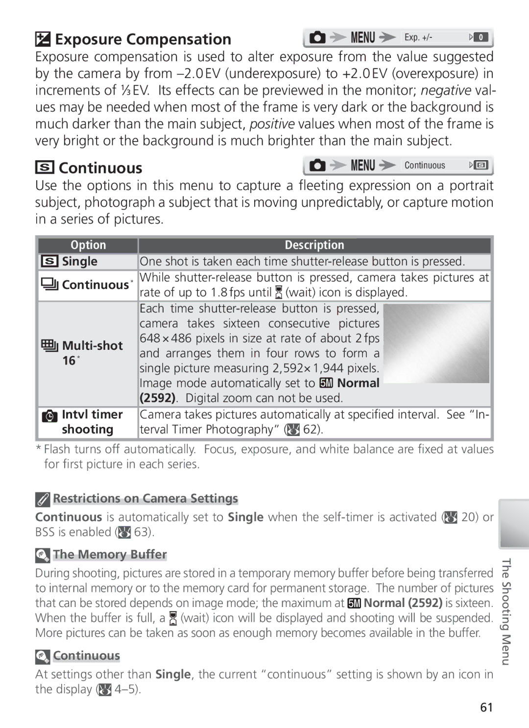 Nikon COOL PIX S1 manual Exposure Compensation, Continuous, Restrictions on Camera Settings, Memory Buffer 