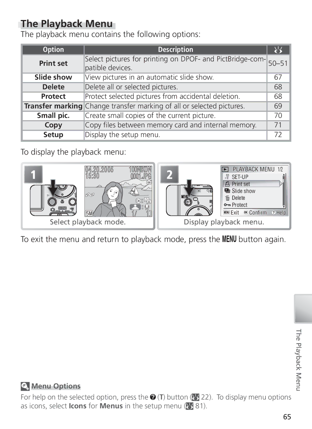 Nikon COOL PIX S1 manual Playback Menu, Playback menu contains the following options, To display the playback menu 