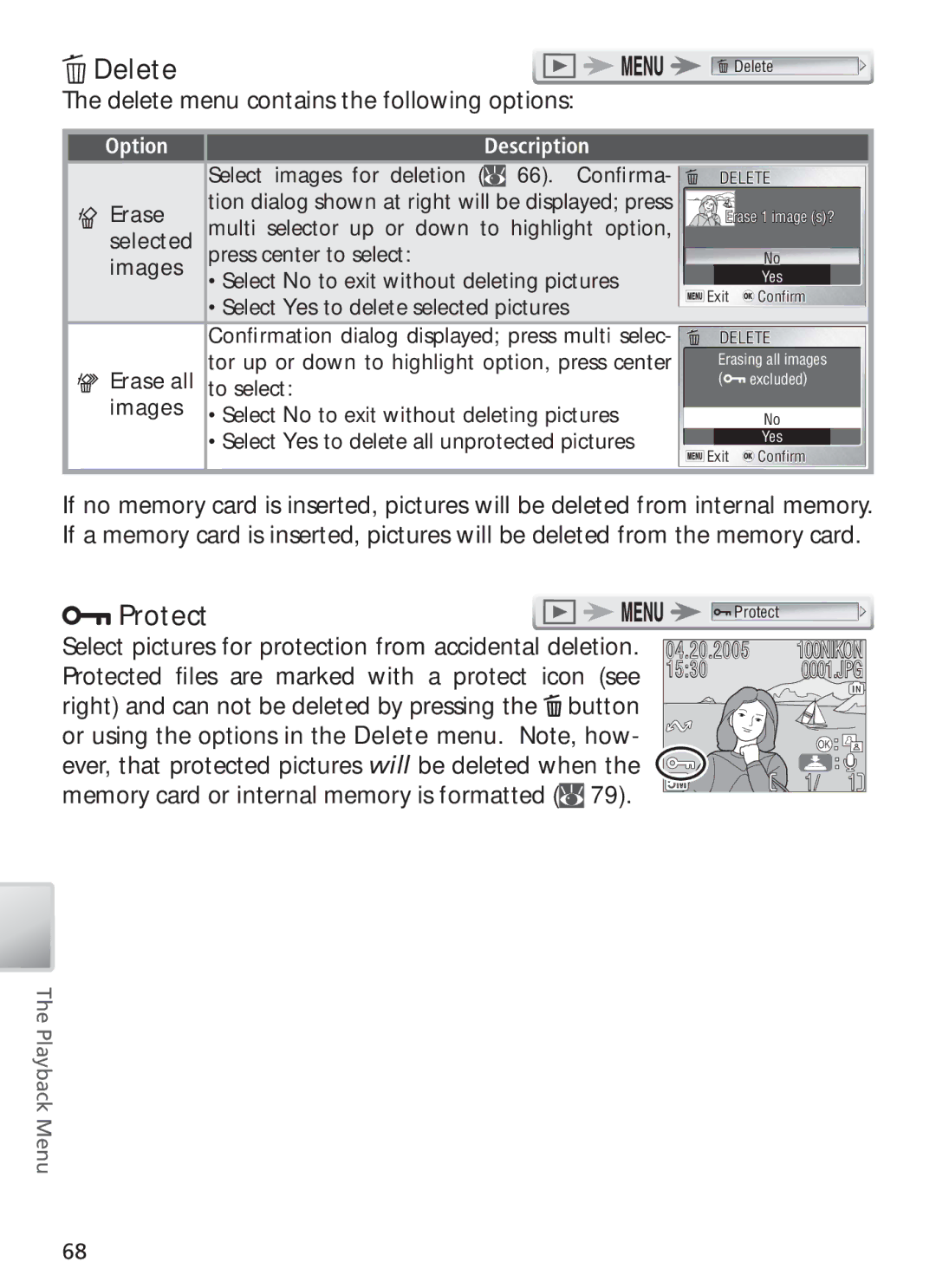 Nikon COOL PIX S1 manual Protect, Delete menu contains the following options 