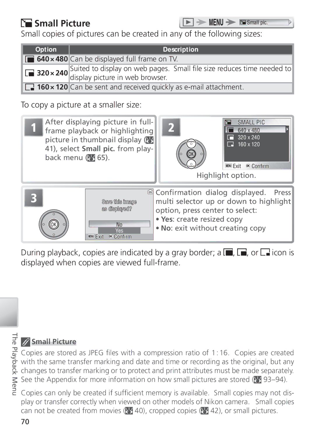 Nikon COOL PIX S1 manual Small Picture, To copy a picture at a smaller size 