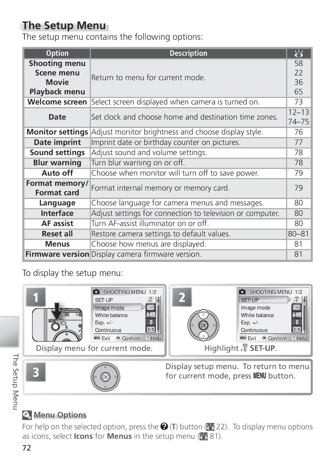 Nikon COOL PIX S1 manual Setup Menu, Setup menu contains the following options, To display the setup menu 