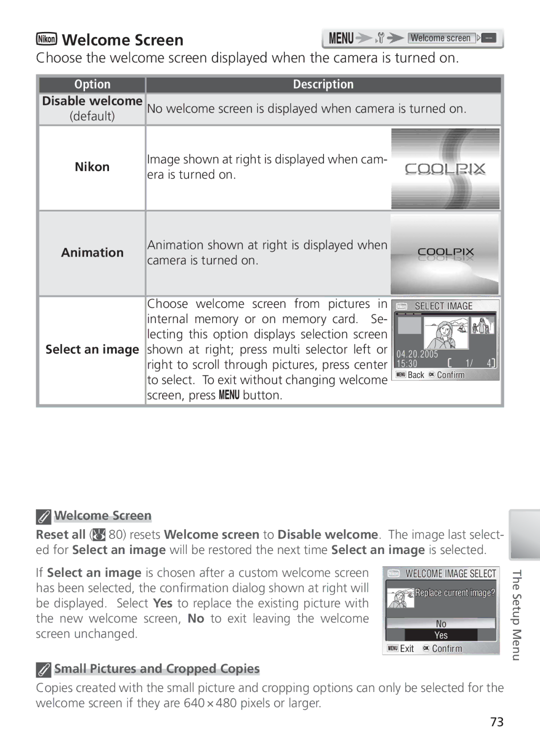 Nikon COOL PIX S1 manual Welcome Screen, Small Pictures and Cropped Copies 