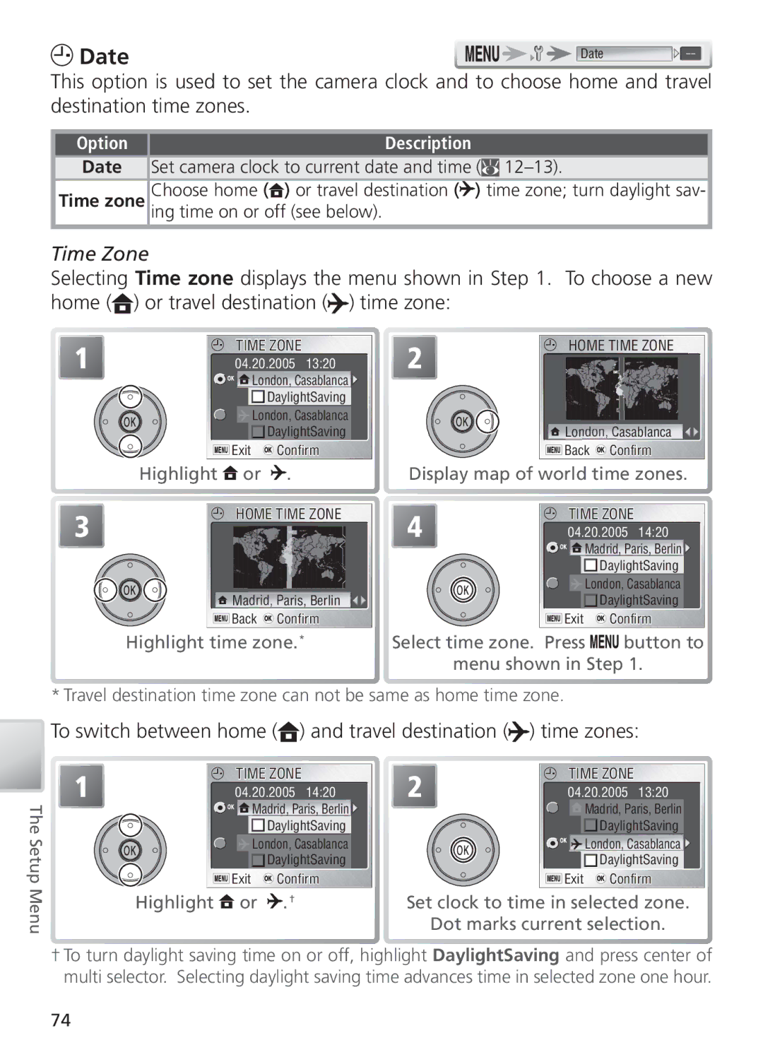 Nikon COOL PIX S1 manual Date, Time Zone, To switch between home and travel destination time zones 