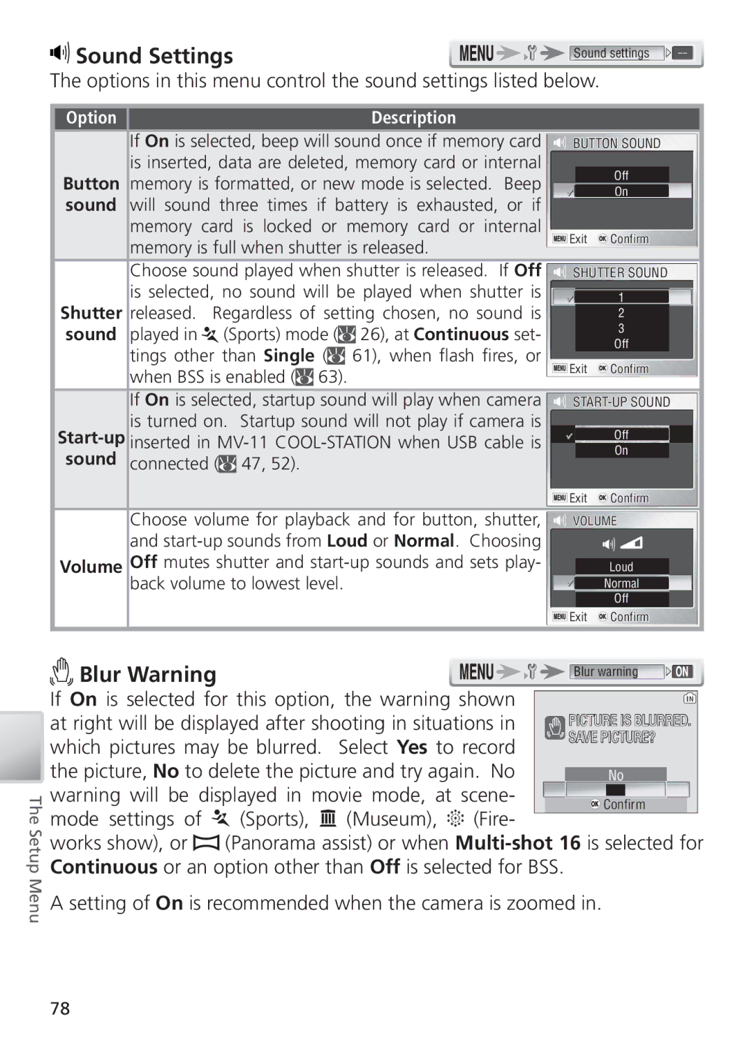 Nikon COOL PIX S1 manual Sound Settings, Blur Warning 