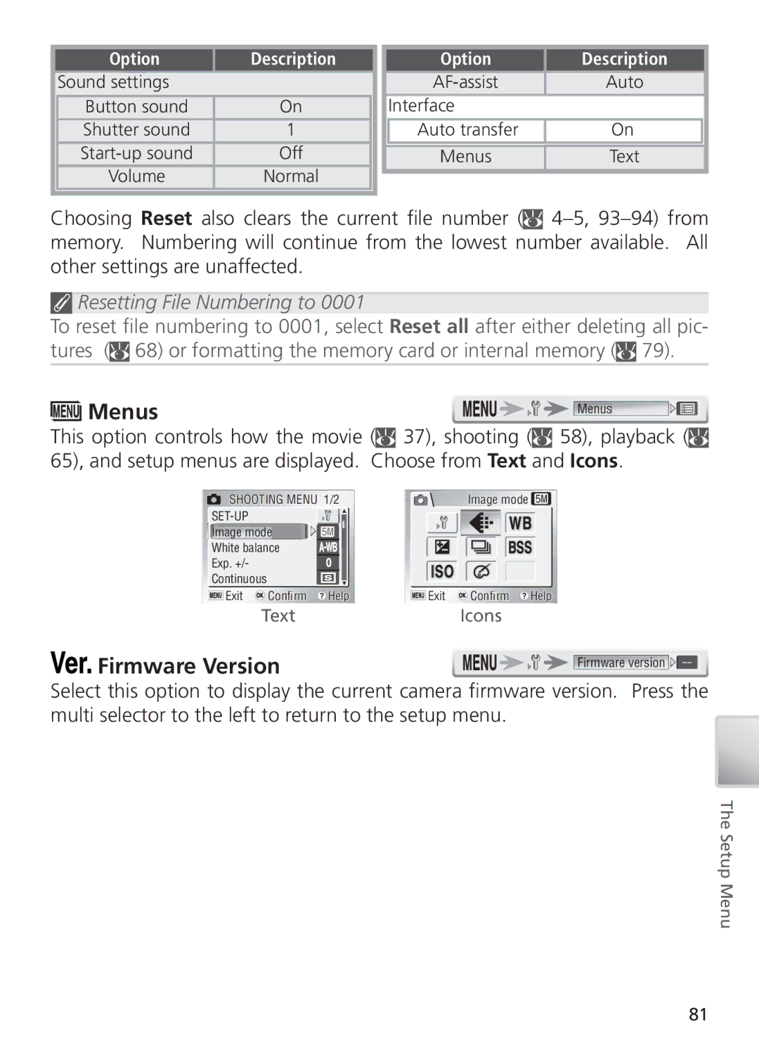 Nikon COOL PIX S1 manual Menus Menus, Firmware Version, Resetting File Numbering to, Normal 