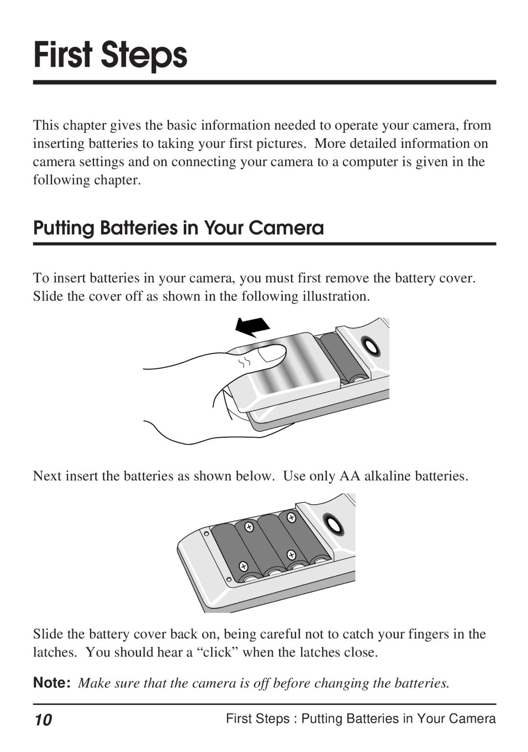 Nikon Coolpix 100 manual First Steps, Putting Batteries in Your Camera 