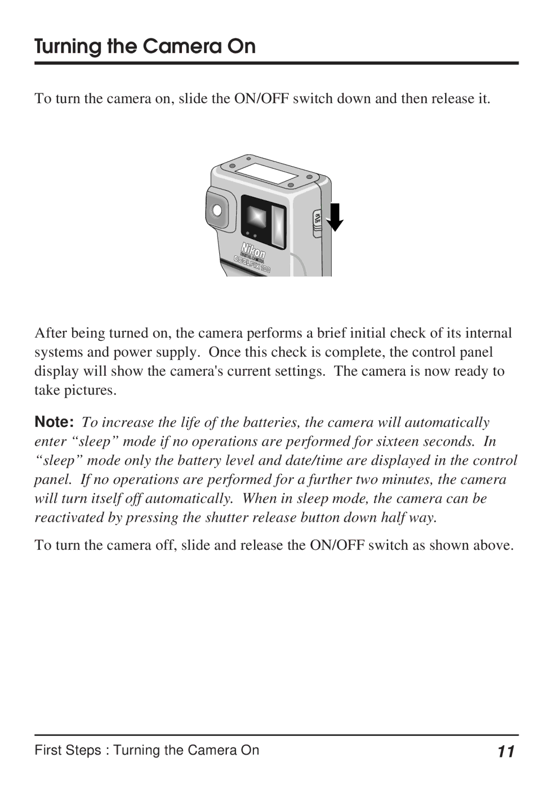 Nikon Coolpix 100 manual Turning the Camera On 