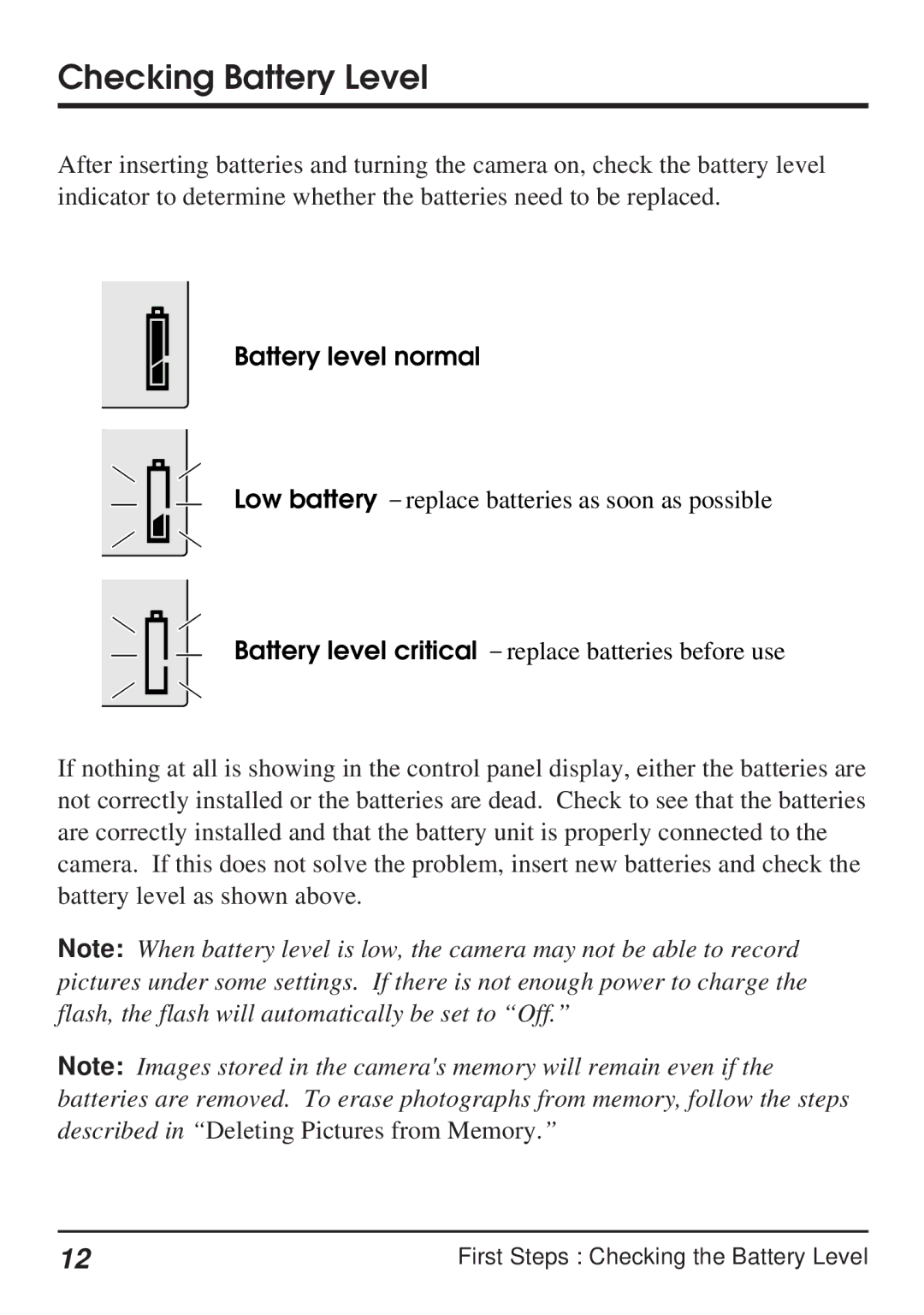 Nikon Coolpix 100 manual Checking Battery Level, Battery level normal 