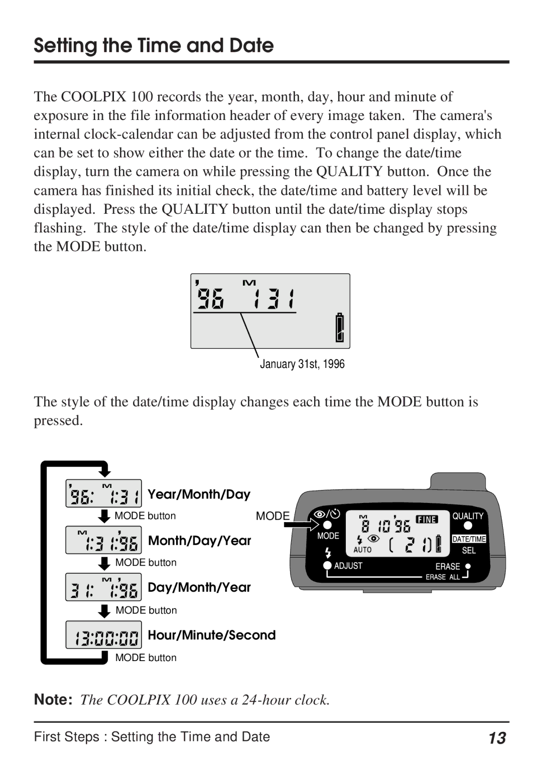 Nikon Coolpix 100 manual Setting the Time and Date 