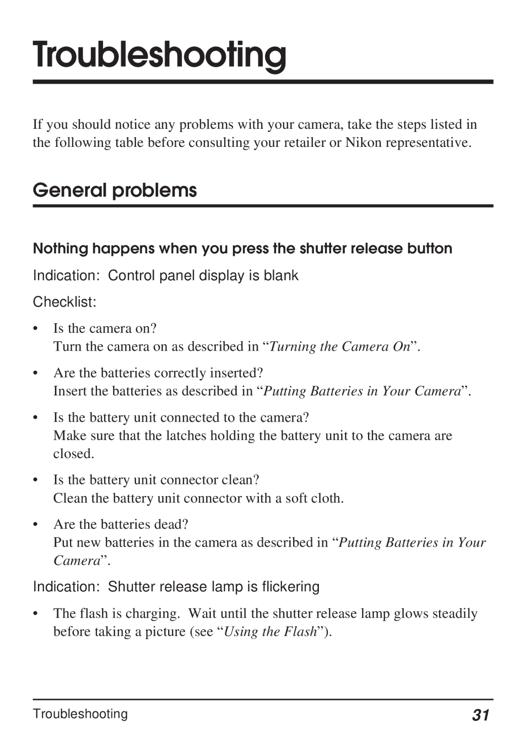 Nikon Coolpix 100 manual Troubleshooting, General problems 