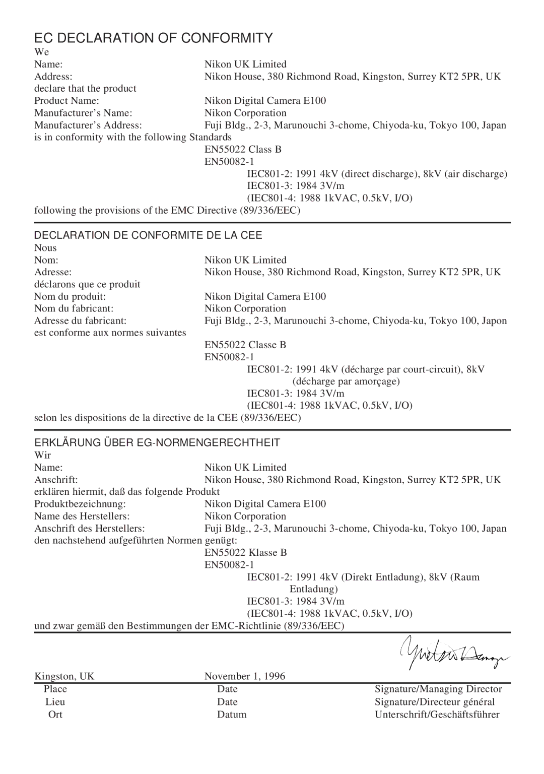 Nikon Coolpix 100 manual EC Declaration of Conformity 