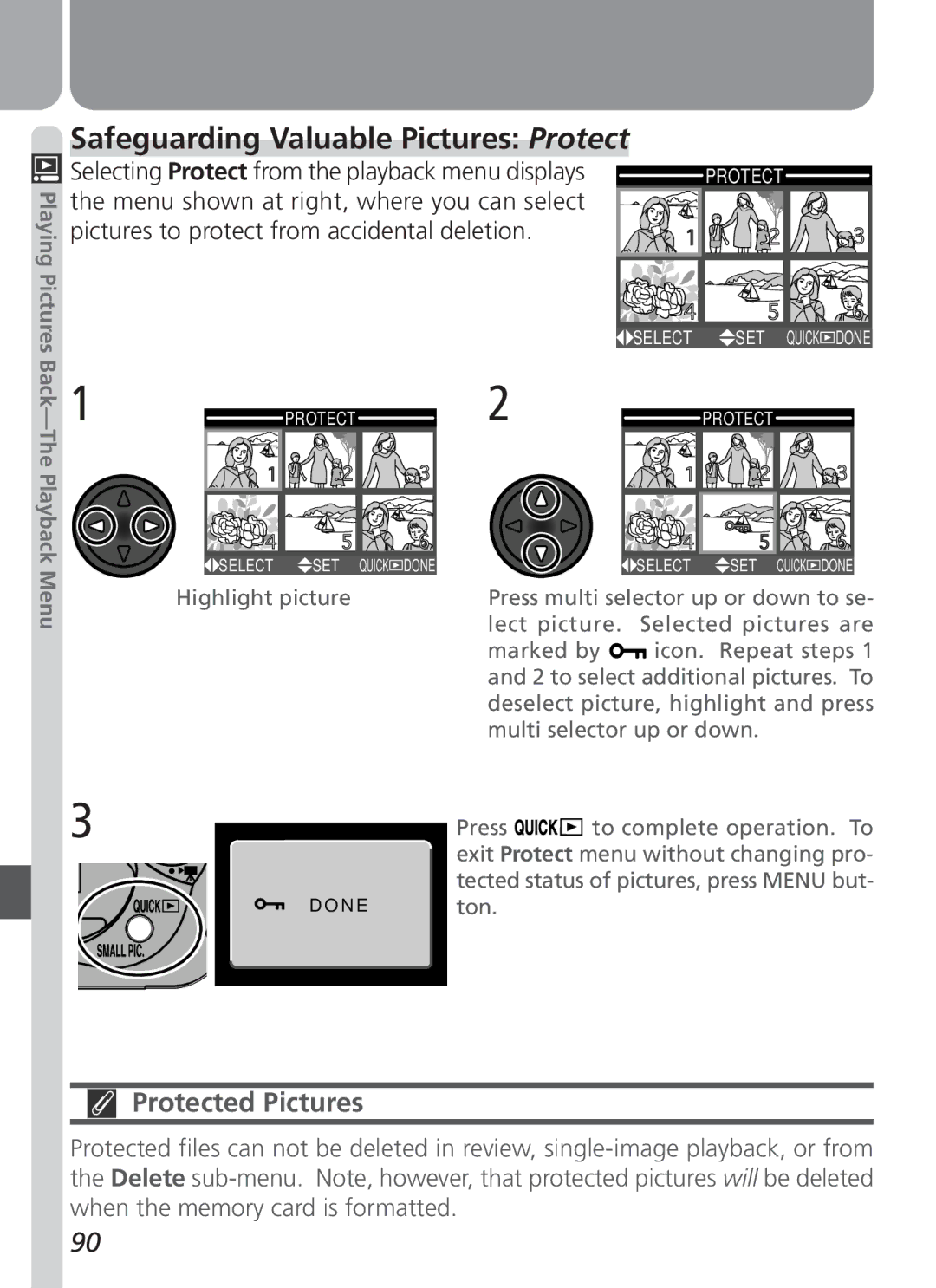 Nikon COOLPIX 2500 manual Safeguarding Valuable Pictures Protect, Selecting Protect from the playback menu displays 