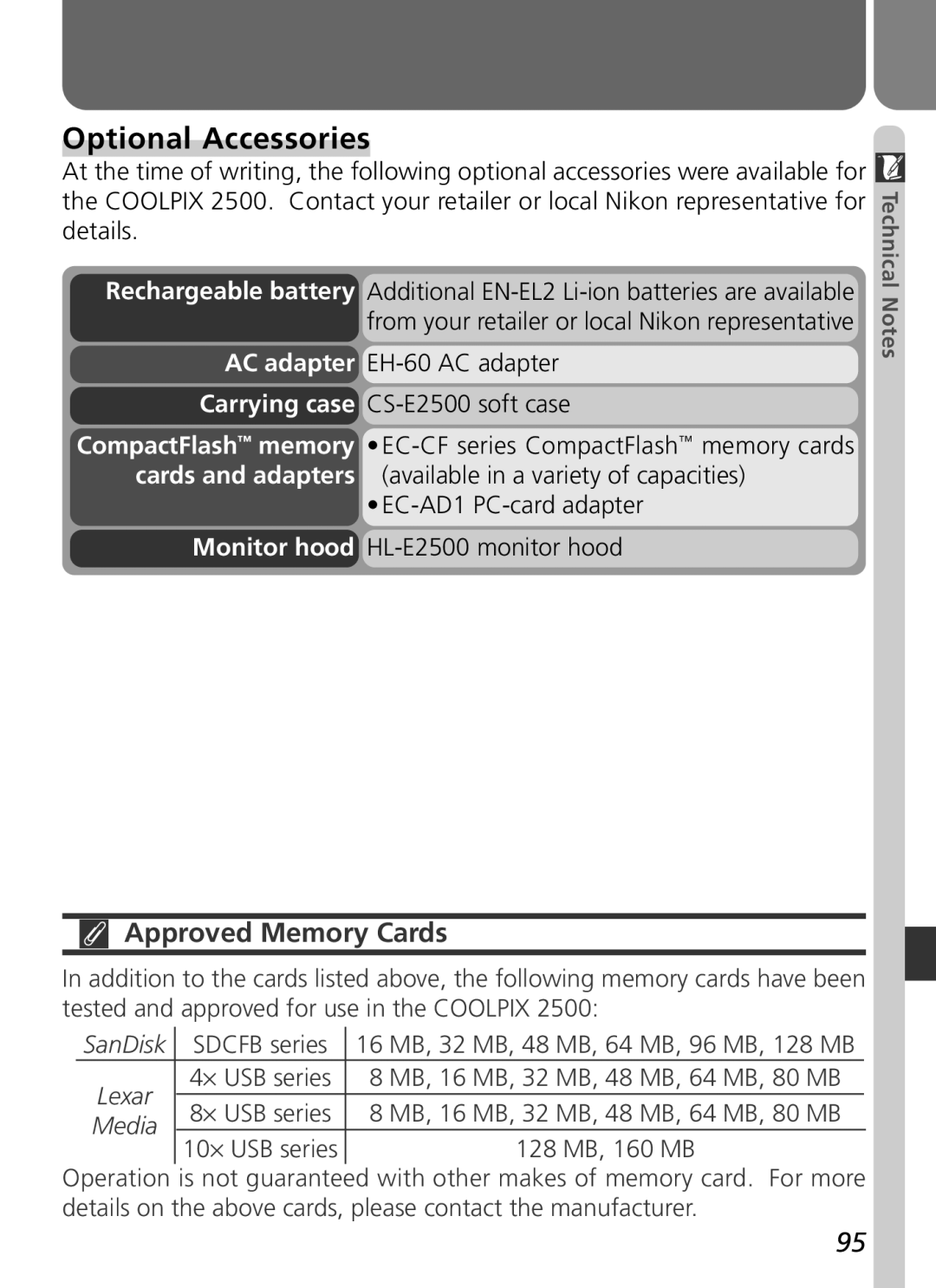 Nikon COOLPIX 2500 manual Optional Accessories, Approved Memory Cards 