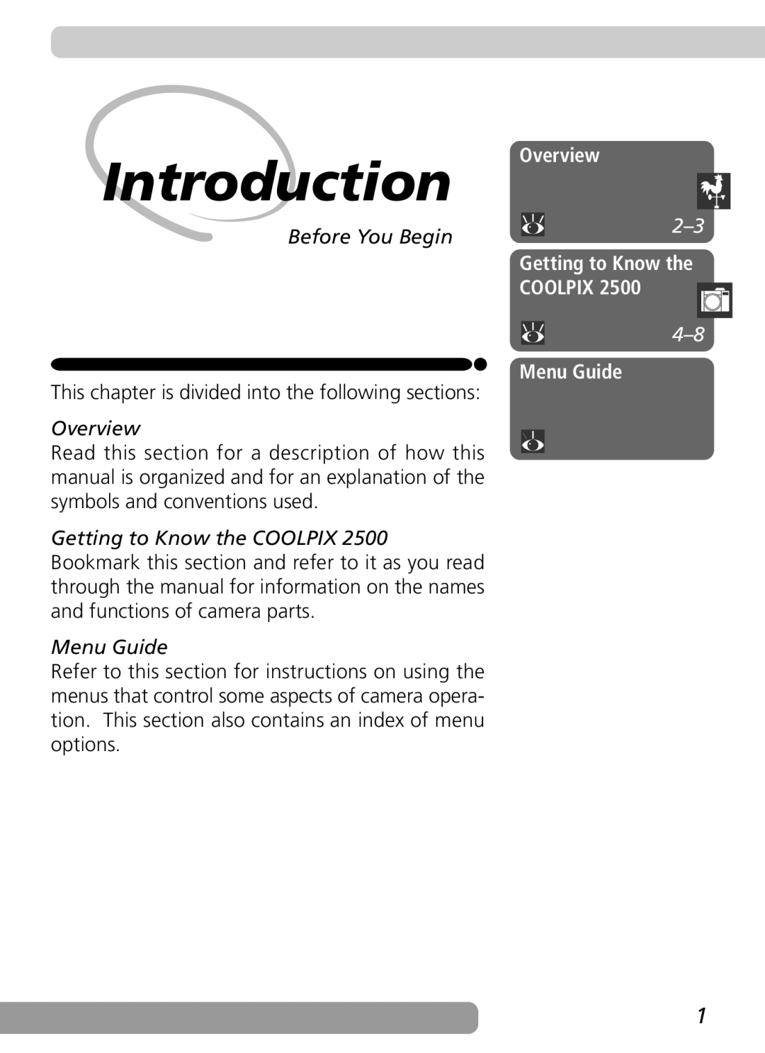 Nikon COOLPIX 2500 manual Before You Begin, This chapter is divided into the following sections, Overview 