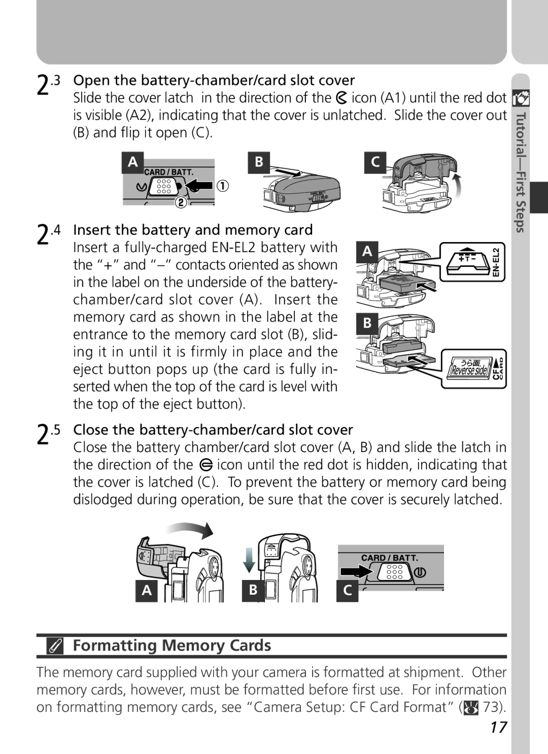 Nikon COOLPIX 2500 manual Formatting Memory Cards, Open the battery-chamber/card slot cover, Flip it open C 