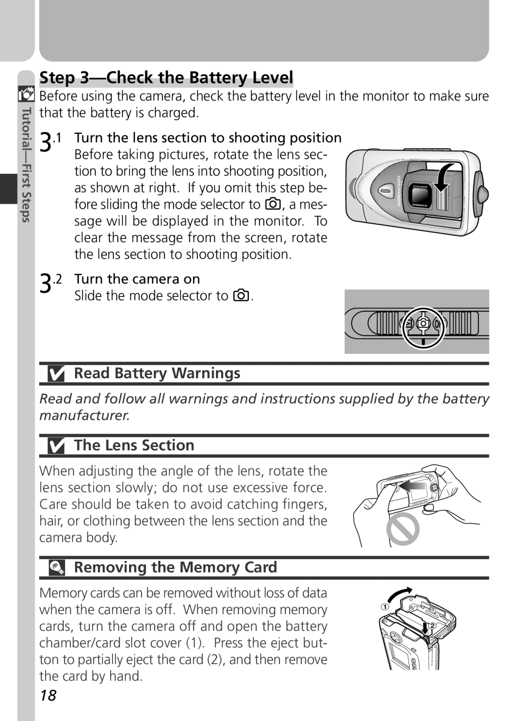 Nikon COOLPIX 2500 manual Check the Battery Level, Read Battery Warnings, Lens Section, Removing the Memory Card 