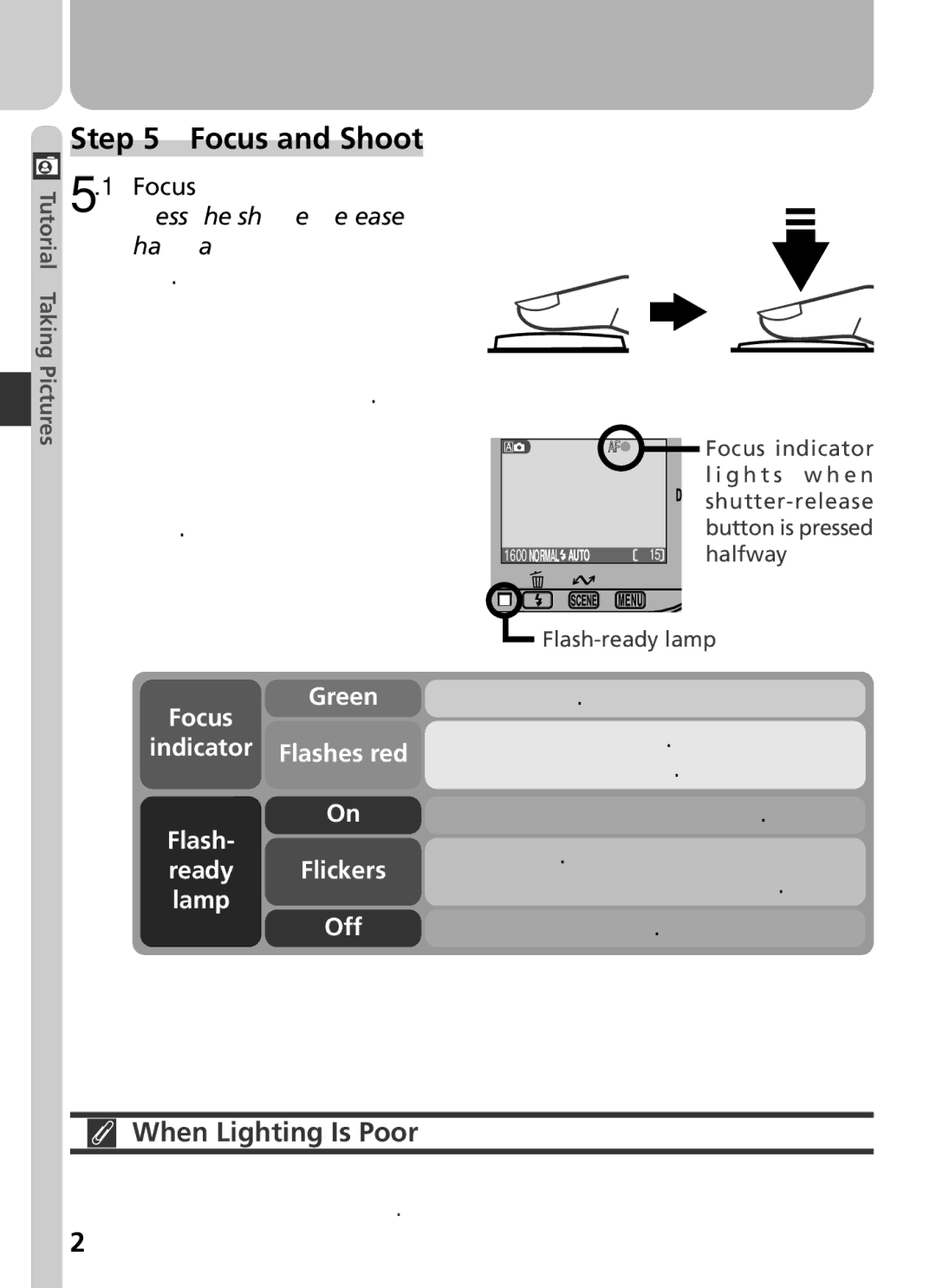 Nikon COOLPIX 2500 manual Focus and Shoot, When Lighting Is Poor, Green Focus Indicator Flashes red Ready Flickers Lamp Off 