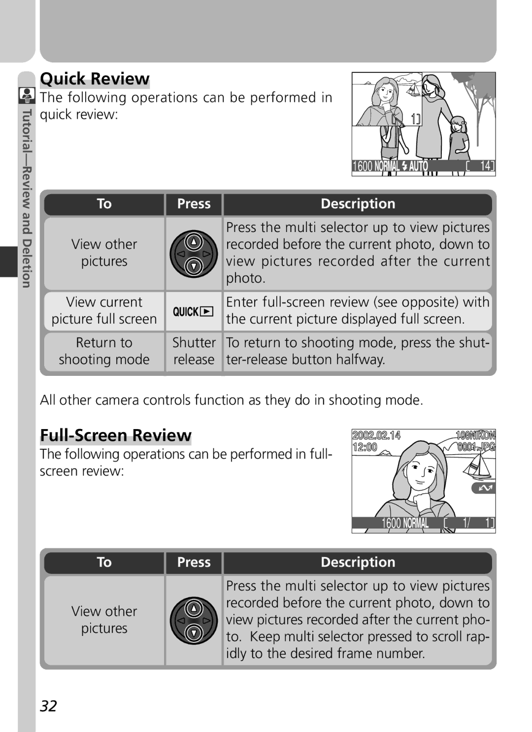 Nikon COOLPIX 2500 manual Quick Review, Full-Screen Review, Press Description 