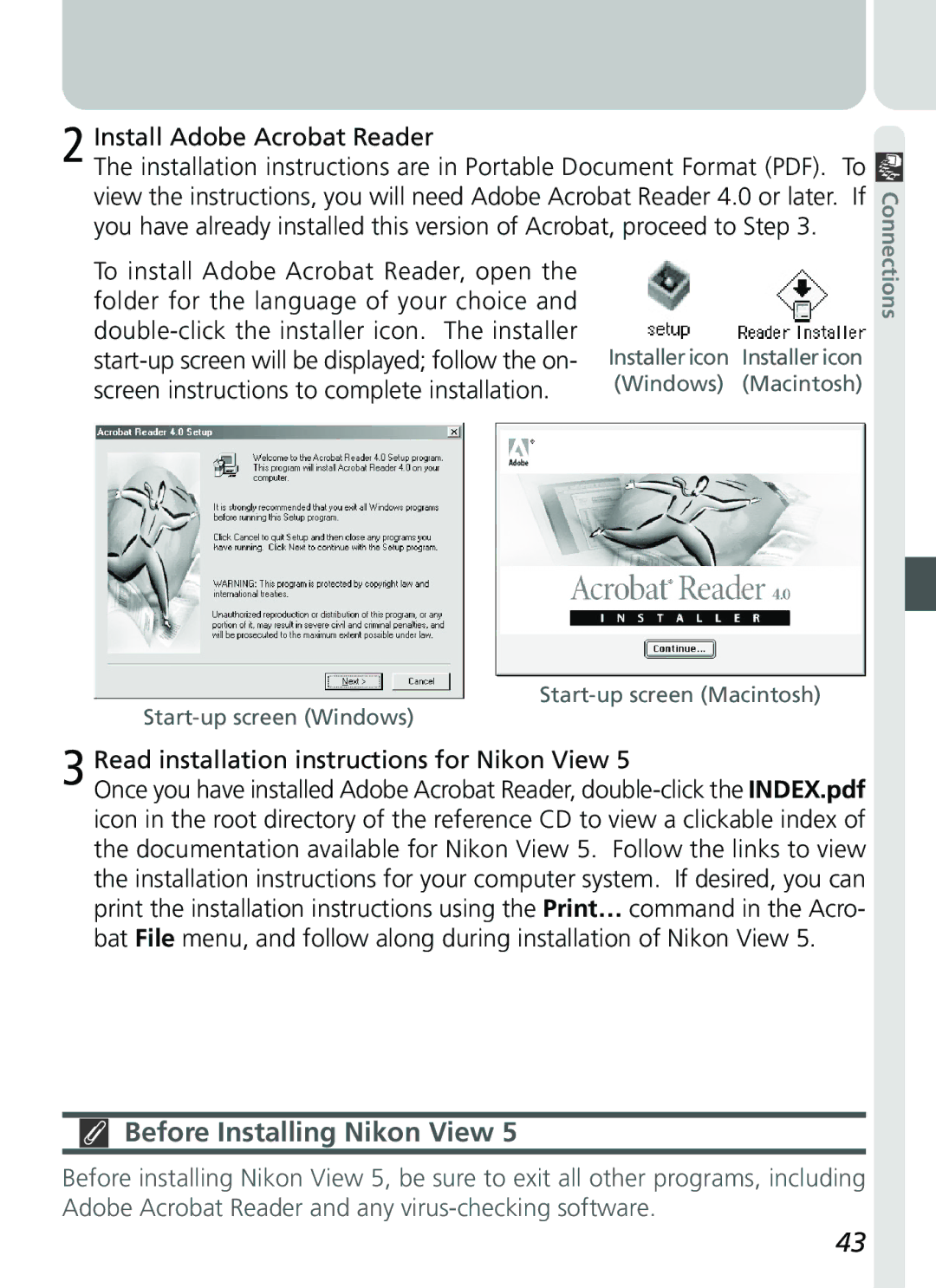 Nikon COOLPIX 2500 manual Before Installing Nikon View, Install Adobe Acrobat Reader 