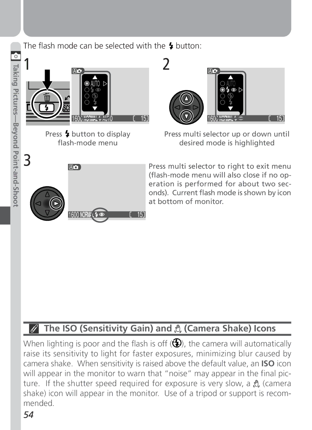 Nikon COOLPIX 2500 manual ISO Sensitivity Gain and Camera Shake Icons, Flash mode can be selected with the button 