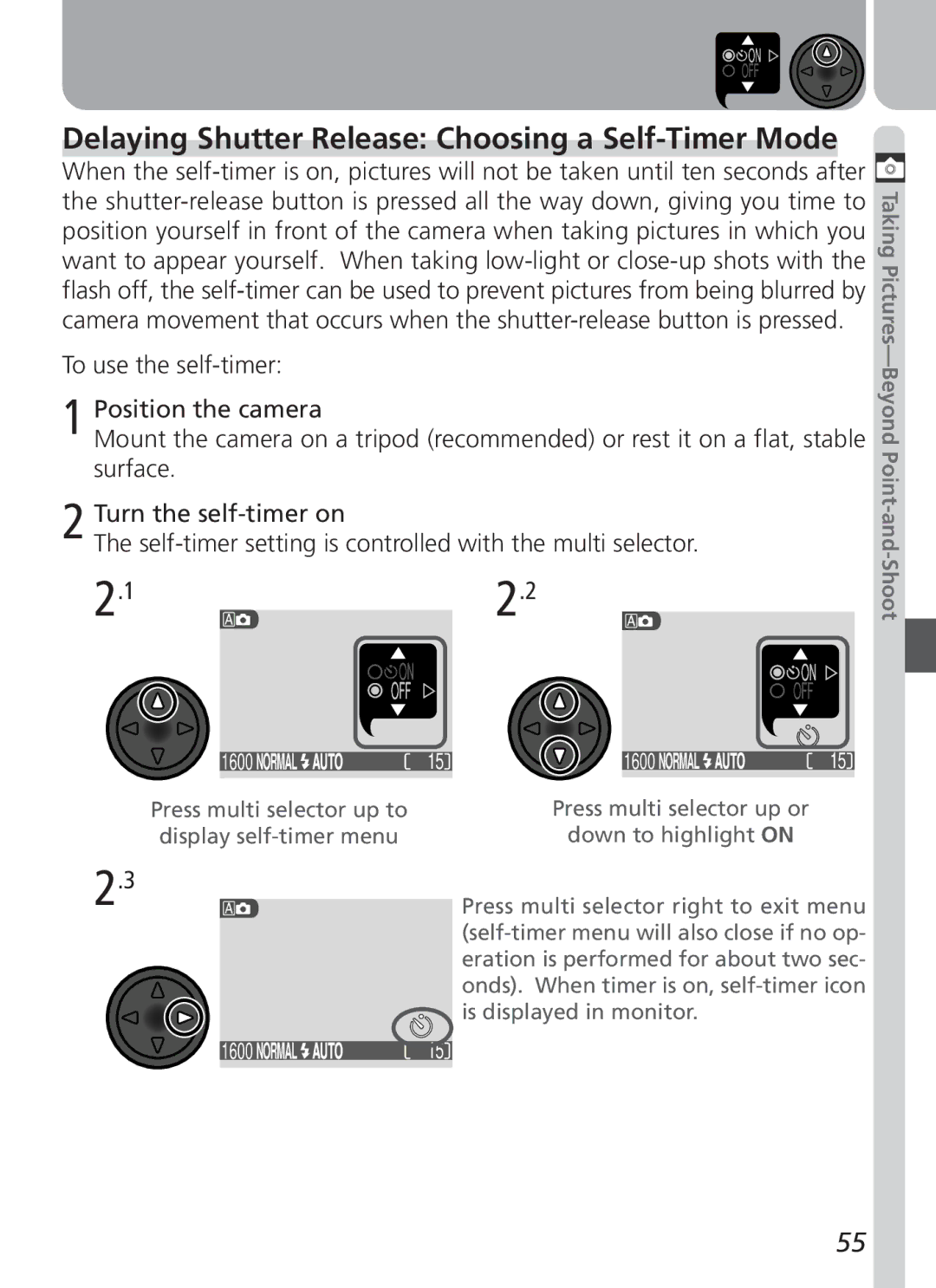 Nikon COOLPIX 2500 manual Delaying Shutter Release Choosing a Self-Timer Mode 