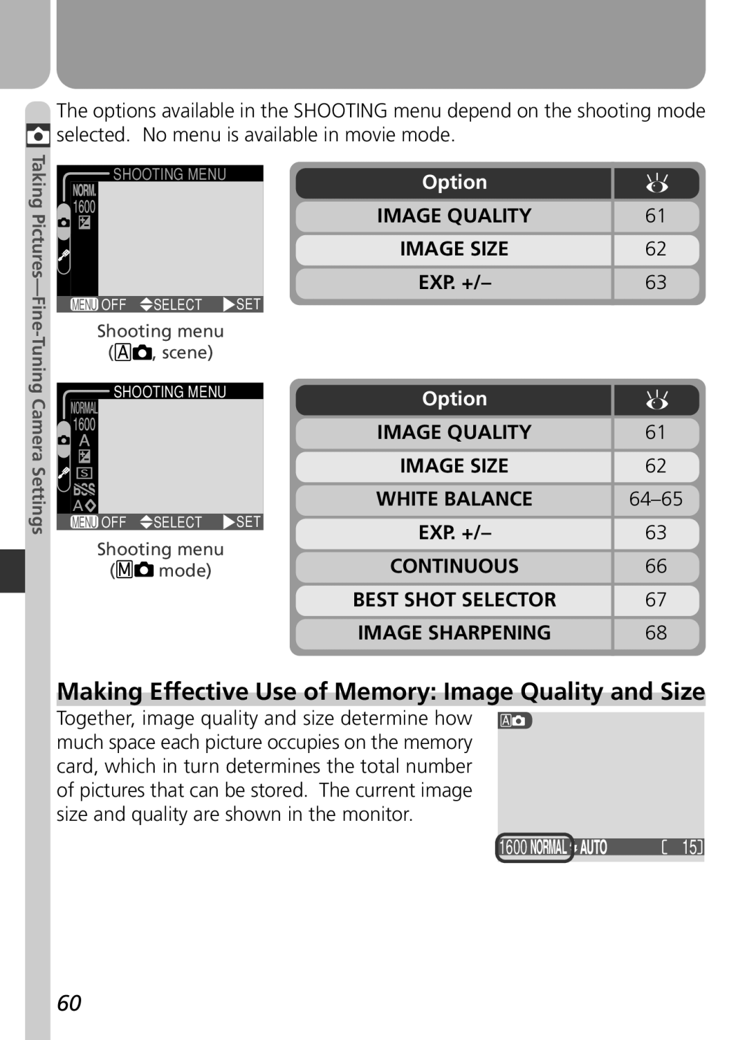 Nikon COOLPIX 2500 manual Making Effective Use of Memory Image Quality and Size, Option, 64-65 