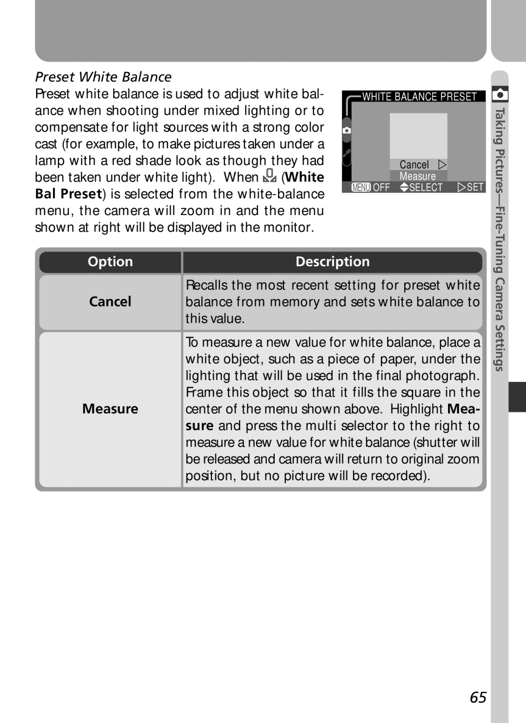 Nikon COOLPIX 2500 manual Preset White Balance, Option Description, This value, Position, but no picture will be recorded 